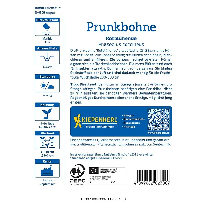 Kiepenkerl Gemüsesamen Prunkbohne - Phaseolus coccineus, Erntezeit: August - Produktbild: 'Prunkbohne' Saatgutpackung von Kiepenkerl.