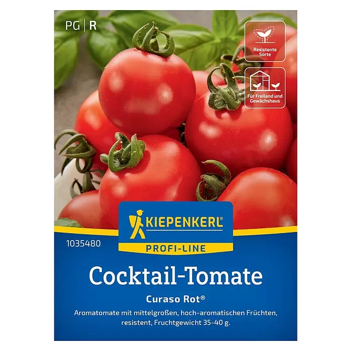 Kiepenkerl Profi-Line Cocktailtomate Curaso Rot - Solanum lycopersicum, Erntezeit: Juli - KIEPENKERL PROFI-LINE Cocktail-Tomate 'Curaso Rot' Samenpackung mit roten Tomaten. Resistente Sorte für Freiland und Gewächshaus.