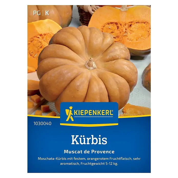 Kiepenkerl Profi-Line Gemüsesamen Kürbis Muscat de Provence - Cucurbita maxima, Erntezeit: September - Das Bild zeigt eine Kürbis-Samenpackung von Kiepenkerl, Sorte Muscat de Provence, mit aromatischem Fruchtfleisch und einem Gewicht von 5-12 kg.