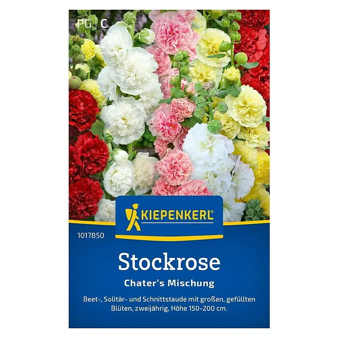 Kiepenkerl Blumensamenmischung Stockrose Chater's - Alcea rosea, Mehrfarbig - Samenpackung Stockrose Chater's Mischung mit einer farbenprächtigen Auswahl an gefüllten Blüten in Weiß-, Rot- und Gelbtönen.