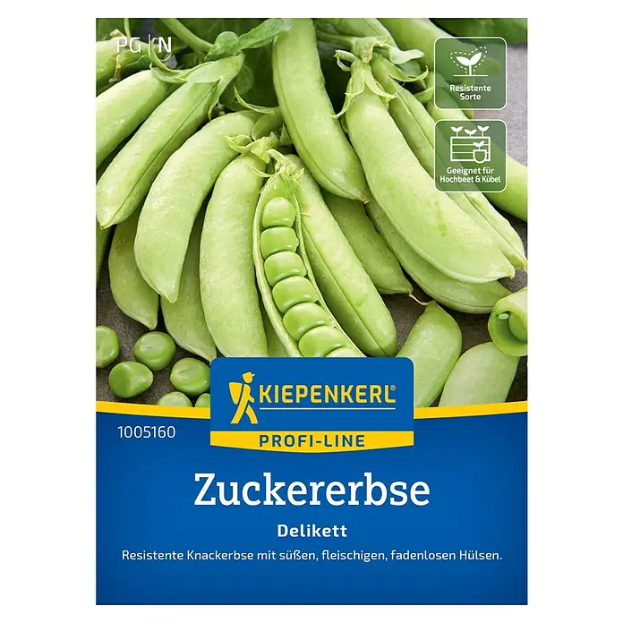 Kiepenkerl Profi-Line Gemüsesamen Zuckererbse Delikett - Pisum sativum, Erntezeit: Juni - Bild von "Zuckererbse Delikett" Samenpackung von Kiepenkerl, ideal für knackige, süße Erbsen ohne Fäden.
