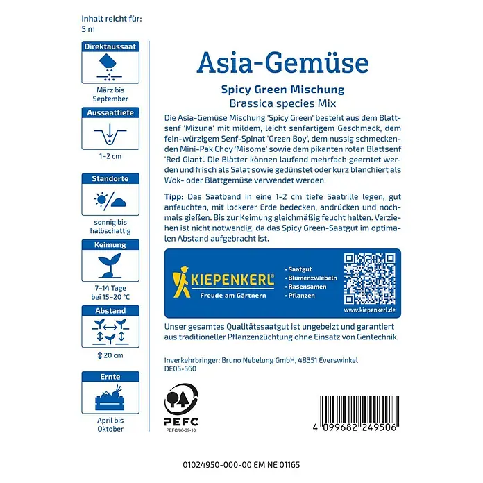 Kiepenkerl Profi-Line Salatsamenmischung Asia-Salate Spicy Green - Verschiedene Sorten, Erntezeit: Mai - Samentüte Asia-Gemüse 'Spicy Green' Mischung von Kiepenkerl mit Anbautipps und Informationen.