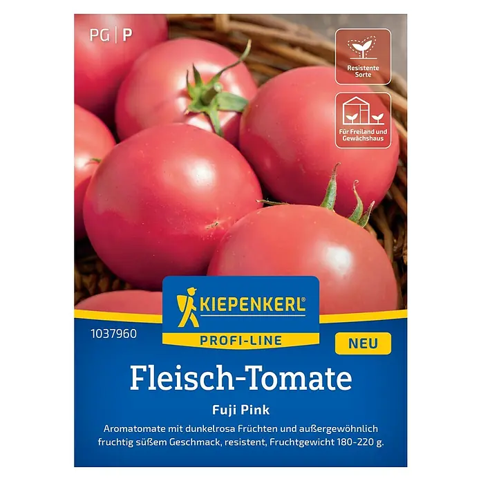 Kiepenkerl Profi-Line Gemüsesamen Fleischtomate Fuji Pink - Solanum lycopersicum, Erntezeit: Juli - Abbildung einer Samenpackung für "Fleisch-Tomate Fuji Pink", eine aromatische, resistente Sorte mit dunkelrosa Früchten für Freiland und Gewächshaus.