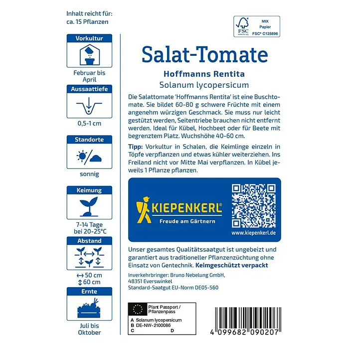 Kiepenkerl Gemüsesamen Tomate Hofmanns Rentita - Solanum lycopersicum, Erntezeit: Juli - Abbildung einer Saatguttüte für 'Hoffmanns Rentita' Salat-Tomaten, ideal für den Anbau im Garten oder auf dem Balkon.