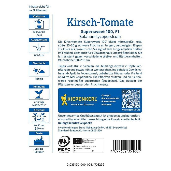 Kiepenkerl Profi-Line Gemüsesamen Kirsch-Tomate Supersweet (Solanum lycopersicum, Erntezeit: Juli) | BAUHAUS