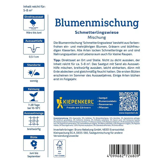Kiepenkerl Profi-Line Blumensamenmischung Schmetterlingswiese - Verschiedene Sorten, Mehrfarbig, 5 m² - 8 m² - Samentüte der Kiepenkerl 'Schmetterlingswiese', einer Mischung für eine farbenfrohe Blumenwiese, die Schmetterlinge und Raupen anlockt.