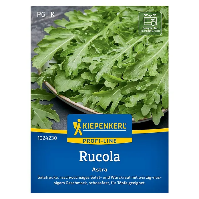 Kiepenkerl Profi-Line Salatsamen Rucola Astra - Eruca sativa, Erntezeit: April - Abbildung einer Packung Rucola Astra-Samen von Kiepenkerl Profi-Line.
