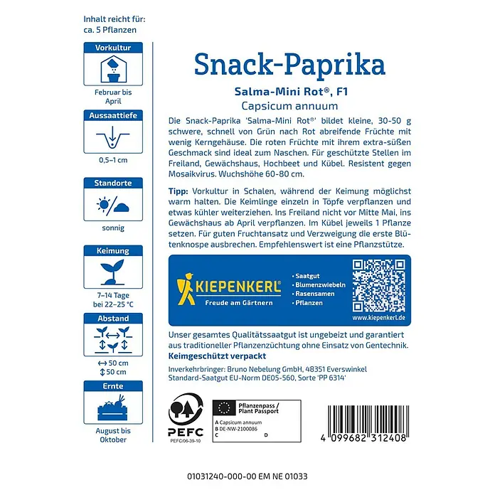 Kiepenkerl Profi-Line Gemüsesamen Snackpaprika Salma-Mini Rot - Capsicum annuum, Erntezeit: Juli - Bild einer Snack-Paprika-Samenpackung der Sorte 'Salma-Mini Rot F1' von Kiepenkerl mit Anbauhinweisen und Produktinformationen.
