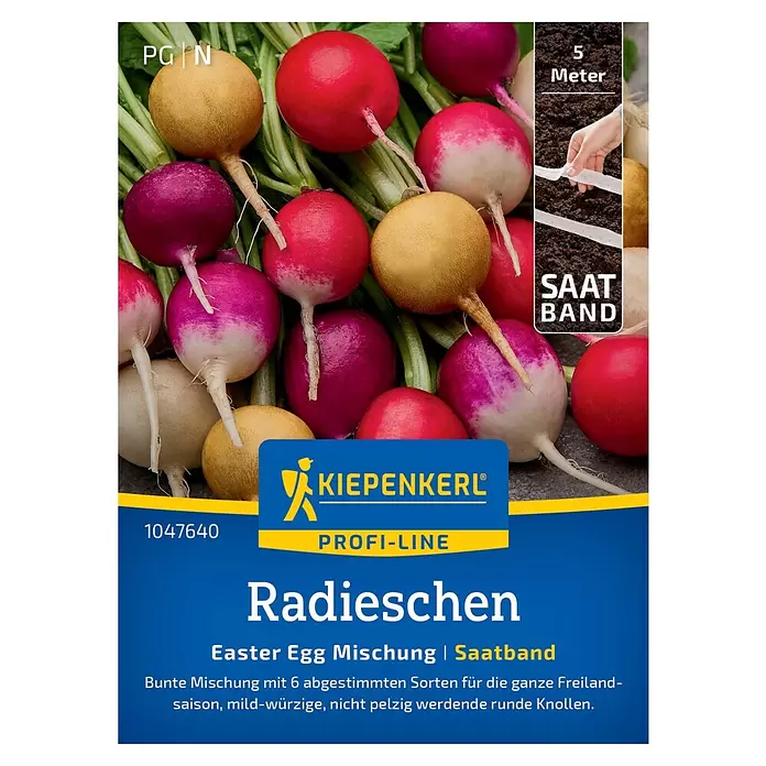 Kiepenkerl Profi-Line Gemüsesamenmischung - Raphanus sativus sativus, Erntezeit: April, Inhalt reicht für 5 lfd. Meter - Radieschensamen-Paket mit bunten Radieschen und einem Saatband. Osterei-Mischung, 5 Meter.