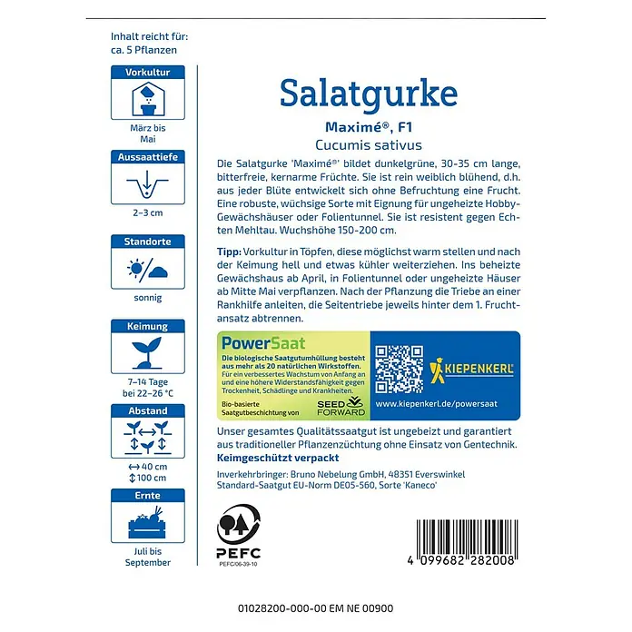 Kiepenkerl Salatsamen Salatgurke - Cucumis sativus 'Maxime', Erntezeit: Juli - Abbildung der 'Maximé® F1' Salatgurke-Samenpackung mit Anbauhinweisen und dem Kiepenkerl-Logo.