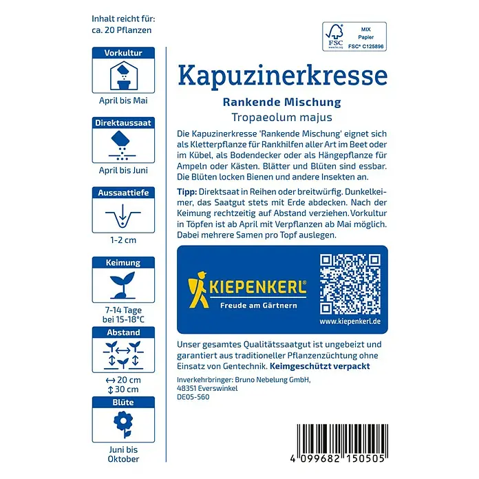 Kiepenkerl Kräutersamen Kapuzinerkresse rankend - Tropaeolum majus, Saatzeit: April - Samentüte Kapuzinerkresse 'Rankende Mischung' mit Informationen zu Aussaatzeitpunkt, -tiefe und Pflanzenabstand.