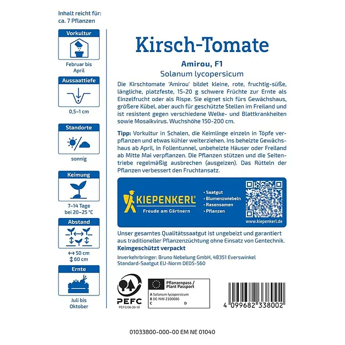 Kiepenkerl Profi-Line Gemüsesamen Kirsch-Tomate Amirou - Solanum lycopersicum, Erntezeit: Juli - Informationen über die Kirschtomate 'Amirou F1', eine Sorte mit kleinen, roten Früchten, ideal für Gewächshäuser und Freiland.