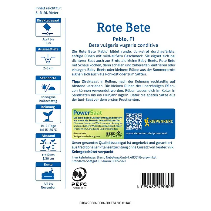 Kiepenkerl Profi-Line Gemüsesamen Rüben PowerSaat - Beta vulgaris var. vulgaris, Erntezeit: August - Bild einer Samenpackung für "Rote Bete Pablo F1", einer Rüben-Sorte, die sich ideal für den Anbau im Garten eignet.