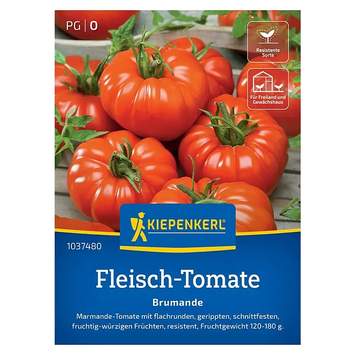 Kiepenkerl Gemüsesamen Fleischtomate Brumande - Solanum lycopersicum, Erntezeit: Juli - Abbildung einer 'Fleisch-Tomate Brumande' Samenpackung von Kiepenkerl, widerstandsfähige Sorte, für Freiland und Gewächshaus geeignet.