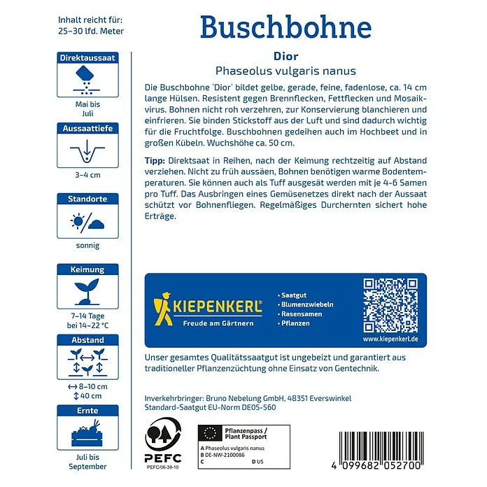 Kiepenkerl Gemüsesamen Buschbohne Dior - Phaseolus vulgaris, Erntezeit: Juli - Abbildung der Buschbohne 'Dior'. Informationen zu Aussaat, Ernte und Anbau der robusten, gelben Bohne.