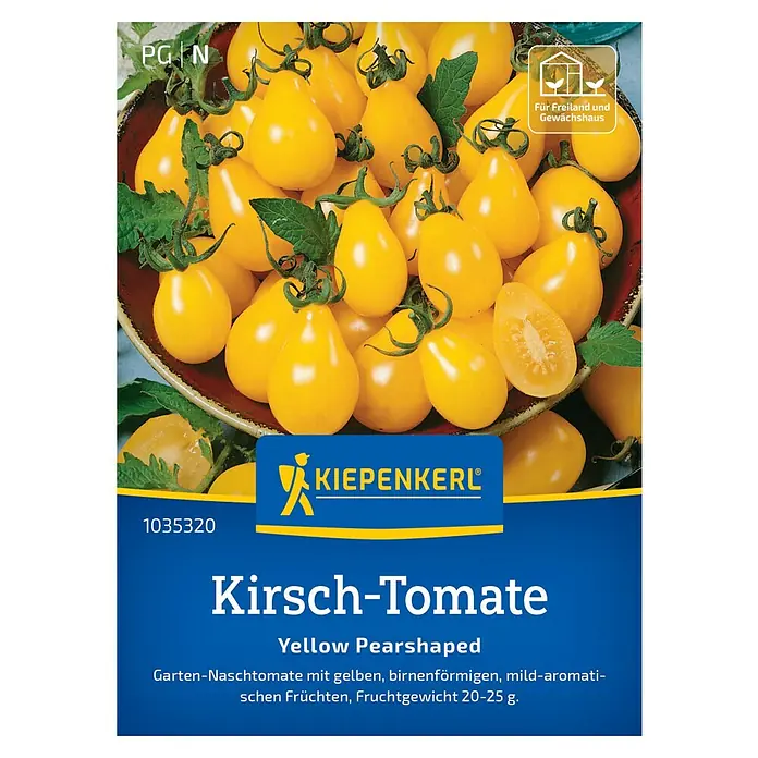 Kiepenkerl Profi-Line Gemüsesamen Kirsch-Tomate Yellow Pearshaped - Solanum lycopersicum, Erntezeit: Juli - Abbildung der Samenpackung für "Kiepenkerl Kirsch-Tomate Yellow Pearshaped", eine gelbe, birnenförmige Naschtomate für den Garten.