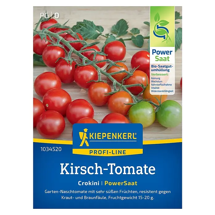 Kiepenkerl Profi-Line Gemüsesamen Kirsch-Tomate Crokini Power Saat - Solanum lycopersicum, Erntezeit: Juli - Abbildung der 'Kiepenkerl Profi-Line Kirsch-Tomate Crokini PowerSaat', eine Naschtomate mit süßen Früchten, resistent gegen Kraut- und Braunfäule.