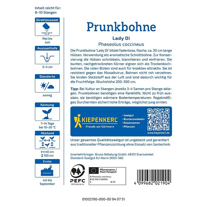 Kiepenkerl Profi-Line Gemüsesamen Prunkbohne - Phaseolus coccineus, Erntezeit: Juli - Abbildung einer Saatguttüte für Prunkbohnen "Lady Di". Enthält Informationen zu Anbau, Standort und Erntezeit.