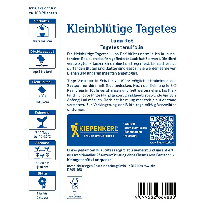 Kiepenkerl Profi-Line Blumensamen Studentenblume - Tagetes tenuifolia, Rot - Abbildung der 'Kleinblütige Tagetes Luna Rot'-Samenpackung mit Informationen zu Anbau und Pflege.