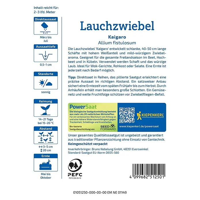 Kiepenkerl Profi-Line Gemüsesamen Lauchzwiebel PowerSaat - Allium fistulosum, Erntezeit: Mai - Abbildung der Verpackung von Lauchzwiebel-Saatgut der Sorte 'Kaigaro' mit Informationen zu Anbau und Ernte.