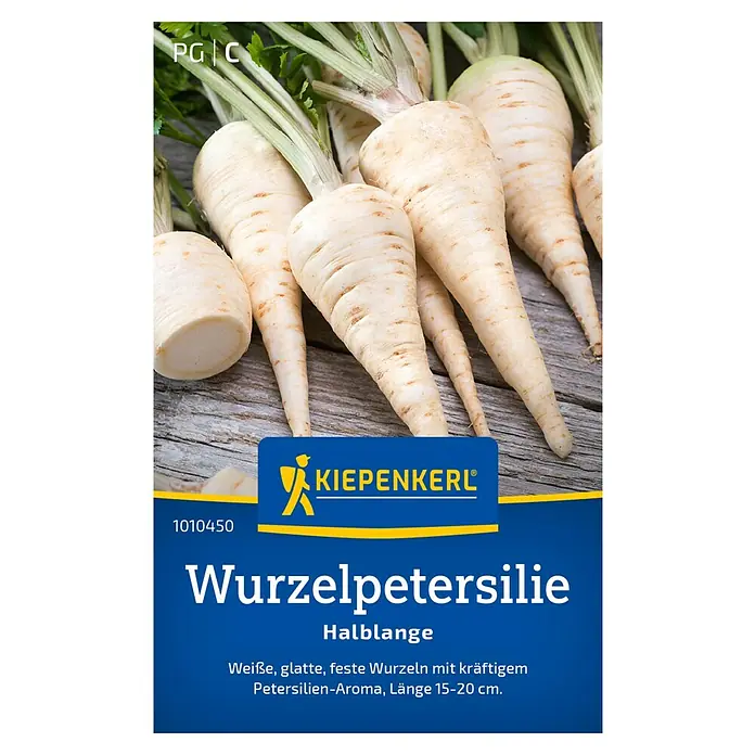 Kiepenkerl Gemüsesamen Wurzelpetersilie halblange - Petroselinum crispum var. tuberosum, Erntezeit: Juni - Produktbild einer Packung Wurzelpetersilie Halblange von Kiepenkerl. Weiße, glatte Wurzeln mit kräftigem Petersilien-Aroma.