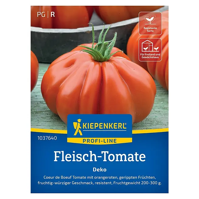 Kiepenkerl Profi-Line Gemüsesamen Fleisch-Tomate Deko - Solanum lycopersicum, Erntezeit: Juli - Bild einer Kiepenkerl-Samenpackung für "Fleisch-Tomate Deko", eine Sorte mit gerippten, orangeroten Früchten.