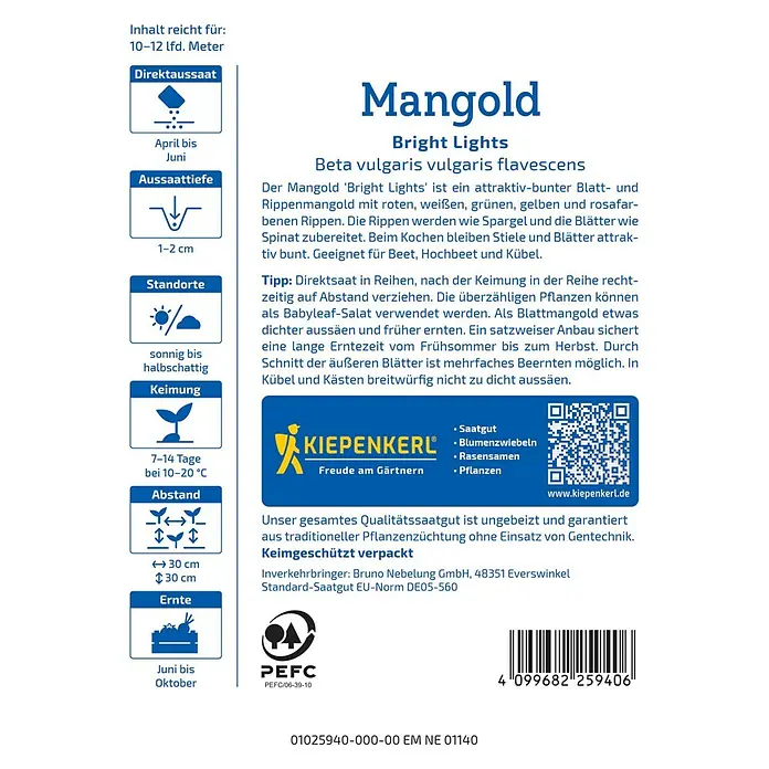 Kiepenkerl Profi-Line Gemüsesamen Mangold Bright Lights - Beta vulgaris var. vulgaris, Erntezeit: Juni - Abbildung des Mangold Bright Lights Saatgutpakets von Kiepenkerl mit Anbauhinweisen und Informationen.