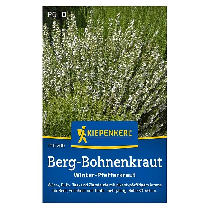 Kiepenkerl Kräutersamen Bohnenkraut - Satureja montana, Saatzeit: April, Erntezeit: Juni - Bild einer Packung Winter-Bohnenkraut-Samen von Kiepenkerl. Das Kraut ist mehrjährig und eignet sich für Beet, Topf und Hochbeet.