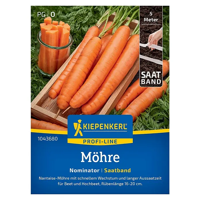Kiepenkerl Profi-Line Gemüsesamen Möhre - Daucus carota ssp. sativus, Erntezeit: Juli - Das Bild zeigt eine 'Kiepenkerl Profi-Line' Möhren-Saatbandpackung mit frischen Möhren und Möhrenstiften.