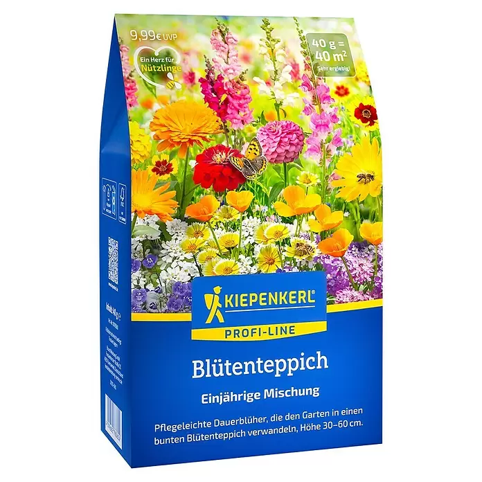 Kiepenkerl Profi-Line Blumenmischung Blütenteppich - Einjährig, 30 cm - 60 cm - Blaue Kiepenkerl Samenpackung „Blütenteppich“ mit bunter Blumenillustration für einen pflegeleichten, einjährigen Blütenteppich.