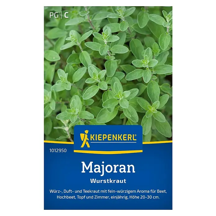 Kiepenkerl Kräutersamen Majoran - Origanum majorana, Saatzeit: Mai, Erntezeit: Juni - Das Bild zeigt eine Samenpackung Majoran von Kiepenkerl, ein aromatisches Küchenkraut.