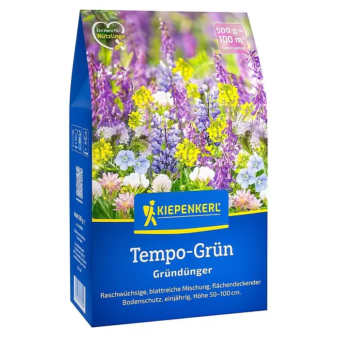 Kiepenkerl Gründüngung Tempo-Grün - Inhalt reicht für ca. 100 Quadratmeter - Blaue KIEPENKERL Tempo-Grün Gründünger-Packung mit bunter Wildblumenmischung für Nützlinge, ausreichend für 100 m².