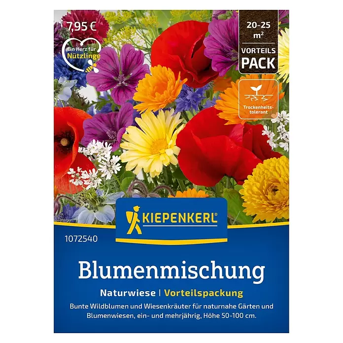 Kiepenkerl Blumensamenmischung Naturwiese, Vorteilspaket -  - Verpackung für Kiepenkerl Blumensaatmischung für Naturwiesen, mit einer lebendigen Auswahl roter, violetter, oranger und gelber Blüten.