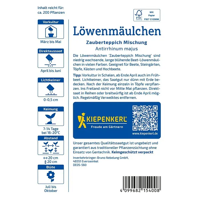 Kiepenkerl Blumensamen Löwenmäulchen Zauberteppich - Antirrhinum majus, Mehrfarbig - Produktabbildung: Löwenmäulchen Zauberteppich Mischung, eine farbenfrohe und pflegeleichte Sommerblume für Garten, Balkon und Terrasse.