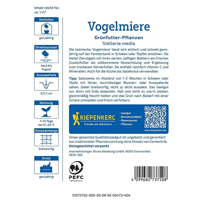 Kiepenkerl Profi-Line Blumensamen Vogelmiere Grünfutter Pflanzen - Stellaria media, 1 m² - Saatgutpackung für Vogelmiere (Grünfutter-Pflanze) mit Pflanzanleitung und weiteren Details.