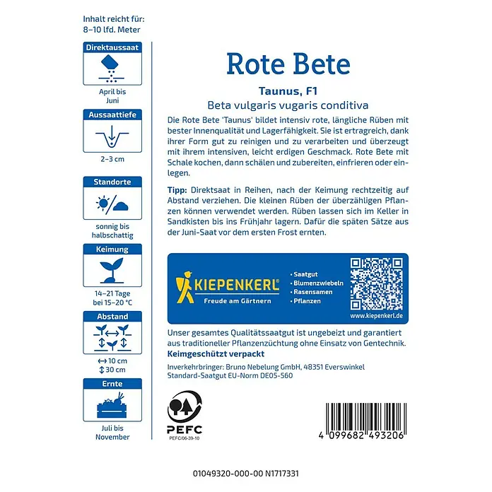 Kiepenkerl Profi-Line Gemüsesamen Rote Bete - Beta vulgaris, Erntezeit: Juli - Bild einer 'Rote Bete Taunus, F1'-Saatguttüte von Kiepenkerl mit Anbauhinweisen und dem Logo.