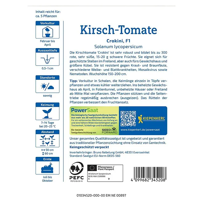 Kiepenkerl Profi-Line Gemüsesamen Kirsch-Tomate Crokini Power Saat - Solanum lycopersicum, Erntezeit: Juli - Abbildung der Verpackung für Kirschtomaten Crokini F1 Samen, ideal für den Anbau von süßen, roten Tomaten im Garten.