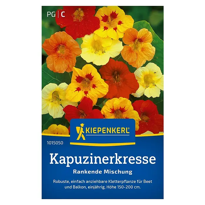 Kiepenkerl Kräutersamen Kapuzinerkresse rankend - Tropaeolum majus, Saatzeit: April - Bild einer Kiepenkerl Kapuzinerkresse-Samenpackung mit bunten Blüten im Hintergrund.