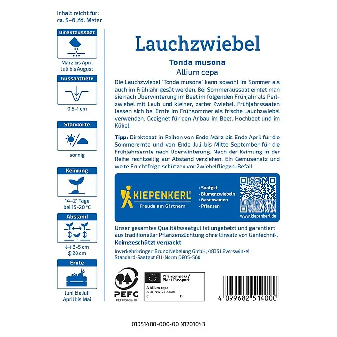 Kiepenkerl Profi-Line Gemüsesamen Winterlauchzwiebel - Allium cepa, Erntezeit: April - Informationen zum Produkt Lauchzwiebel 'Tonda musona' von Kiepenkerl, inklusive Aussaatzeit, -tiefe, Standort, Keimung, Abstand und Erntezeit.