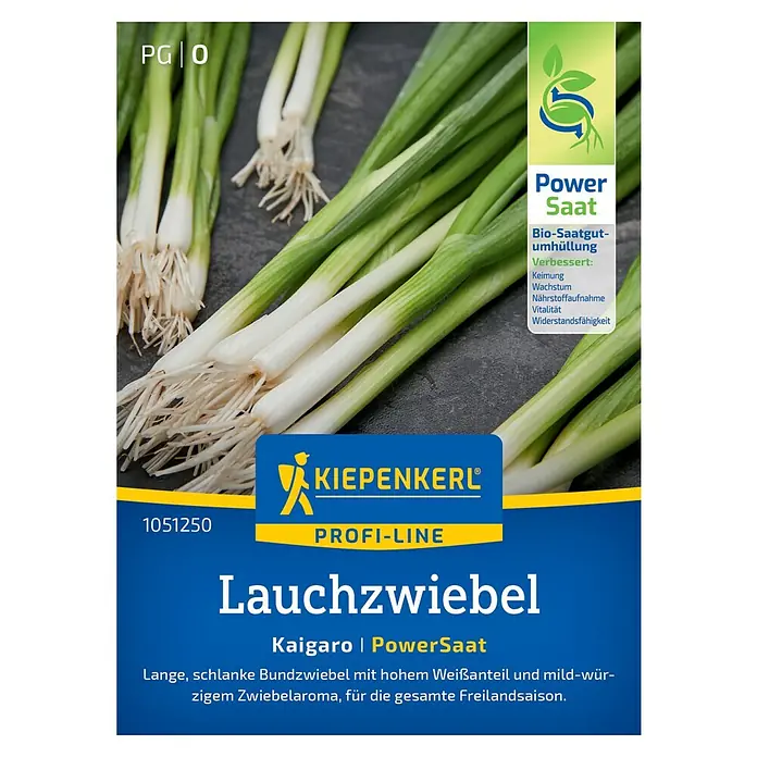 Kiepenkerl Profi-Line Gemüsesamen Lauchzwiebel PowerSaat - Allium fistulosum, Erntezeit: Mai - Samenpackung für Lauchzwiebeln der Marke Kiepenkerl Profi-Line. Lange, schlanke Bundzwiebel mit hohem Weißanteil und würzigem Aroma.