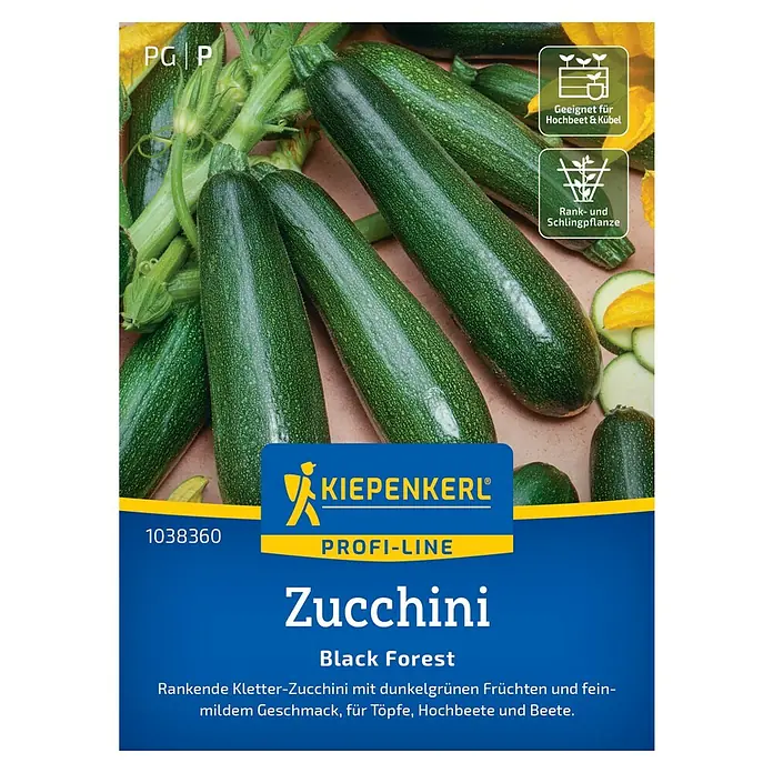 Kiepenkerl Profi-Line Gemüsesamen Zucchini Black Forest - Cucurbita pepo, Erntezeit: Juli - Samenpackung Zucchini 'Black Forest' von Kiepenkerl, geeignet für Hochbeete und Kübel, rankende Sorte mit dunkelgrünen Früchten.