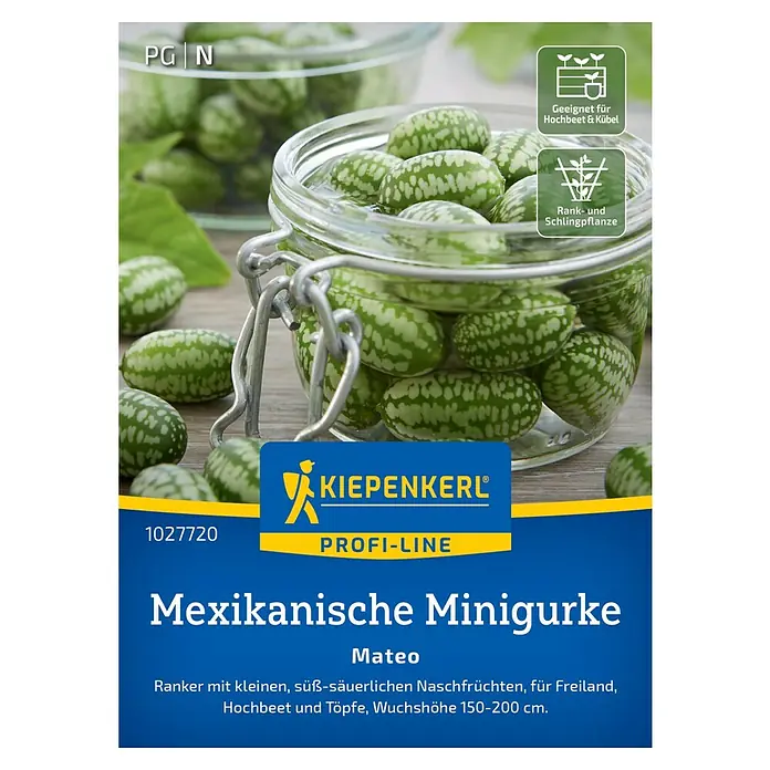 Kiepenkerl Profi-Line Gemüsesamen Mexikanische Minigurke Mateo - Melothria scabra, Erntezeit: September - Bild einer "Mexikanischen Minigurke Mateo" Samenpackung von Kiepenkerl Profi-Line, ideal für Naschgärten und Hochbeete.