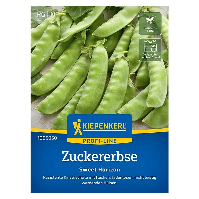 Kiepenkerl Profi-Line Gemüsesamen Zuckererbse Sweet Horizon - Pisum sativum, Erntezeit: Juni - Bild einer Samenpackung Kiepenkerl Zuckererbse 'Sweet Horizon', eine resistente und für Hochbeete geeignete Sorte.