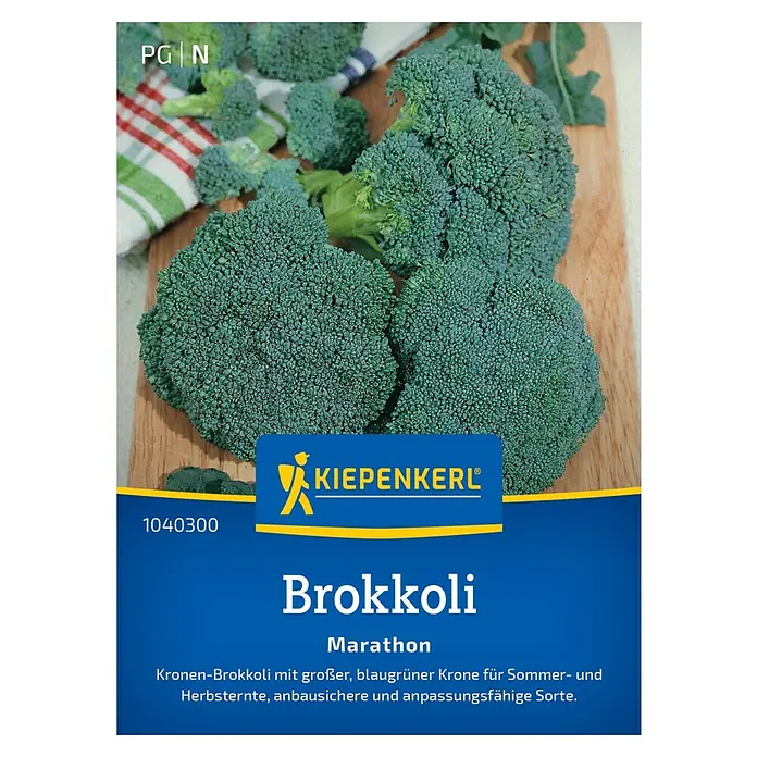 Kiepenkerl Profi-Line Gemüsesamen Brokkoli Marathon, F1 - Brassica oleracea var. italica, Erntezeit: Juli - Samenpackung Brokkoli 'Marathon' von Kiepenkerl. Kronen-Brokkoli für Sommer- und Herbsternte, anbausicher und anpassungsfähig.