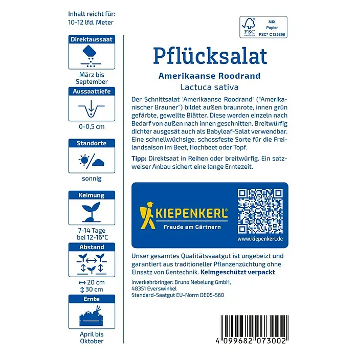 Kiepenkerl Salatsamen Pflücksalat - Lactuca sativa var. crispa, Erntezeit: April - Abbildung einer Pflücksalat-Samenpackung 'Amerikaanse Roodrand' von Kiepenkerl, einer schnellwüchsigen Sorte für Beet, Hochbeet oder Topf.