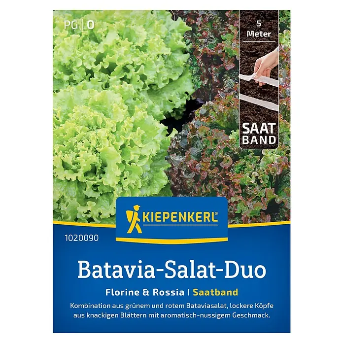 Kiepenkerl Salatsamen Batavia-Salat Florine/Rossia - Lactuca sativa, Erntezeit: Mai - Abbildung der Saatbandpackung Batavia-Salat-Duo, einer Kombination aus grünem und rotem Salat mit knackigen Blättern.