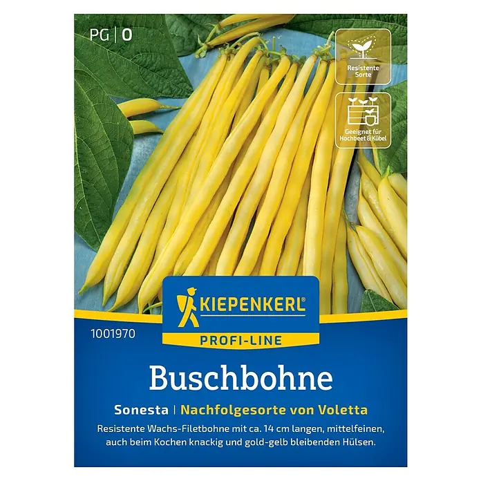 Kiepenkerl Gemüsesamen Buschbohne Sonesta - Phaseolus vulgaris var. nanus, Erntezeit: Juli - Abbildung einer Samenpackung "Kiepenkerl Profi-Line Buschbohne Sonesta", einer resistenten Sorte mit goldgelben Hülsen.