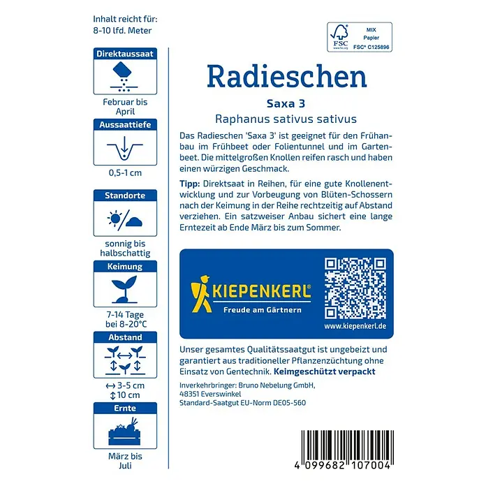 Kiepenkerl Gemüsesamen Radieschen Saxa 3 - Raphanus sativus var. sativus, Erntezeit: April - Radieschen 'Saxa 3' Samenpackung. Direktsaat von Februar bis April, Ernte von März bis Juli. Sonniger bis halbschattiger Standort.