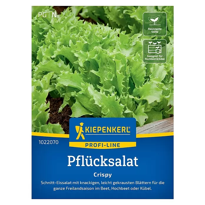 Kiepenkerl Profi-Line Gemüsesamen Crispy - Lactuca sativa, Erntezeit: April, Inhalt reich für ca. 120 Pflanzen - Blau-gelbe Kiepenkerl Profi-Line Samentüte für 'Pflücksalat Crispy'.
