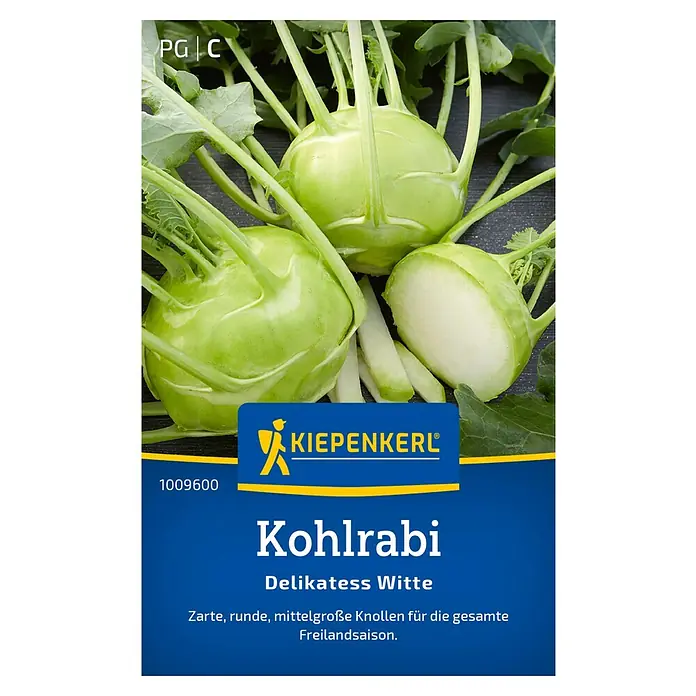 Kiepenkerl Gemüsesamen Kohlrabi Delikatess Witte - Brassica oleracea var. gongylodes, Erntezeit: Juni - Bild von Kiepenkerl Kohlrabi 'Delikatess Witte' Samenpackung mit frischen Kohlrabis, die die knackige Textur und das Wachstumspotenzial hervorheben.